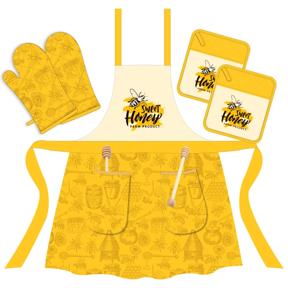 Cooking Apron and Oven Gloves Set, Kitchen Apron with Pocket Adjustable Neck Belt Heat Resistant