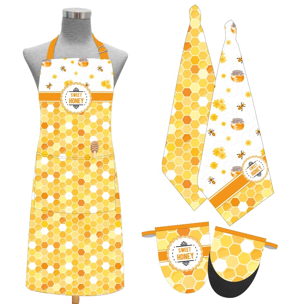 Cooking Apron and Oven Gloves Set, Kitchen Apron with Pocket Adjustable Neck Belt Heat Resistant